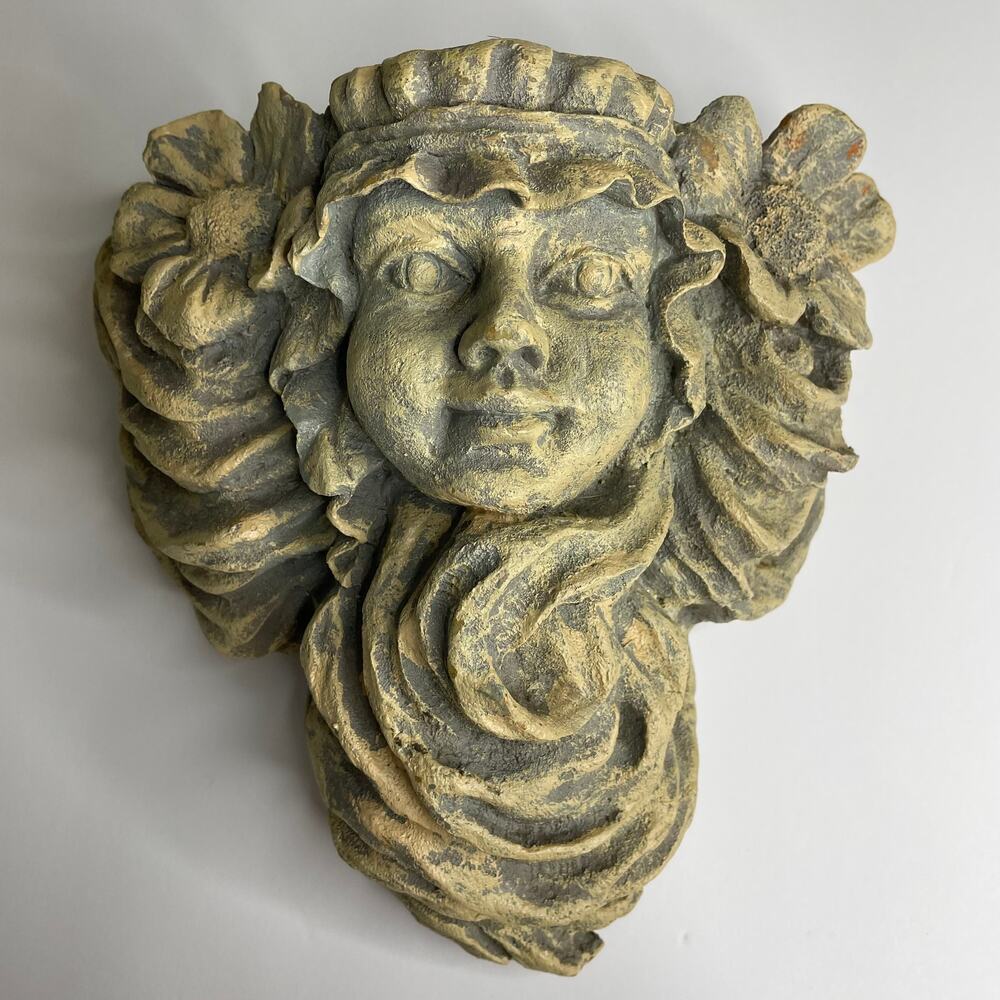 NWOT Whimsical Garden Decor Resin Cherub Face Faux Concrete Wall Pocket Planter